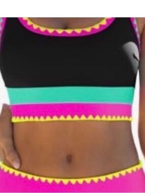 Popvil Women's Black Bikini TOP ONLY Pink, Teal & Yellow Trim LARGE